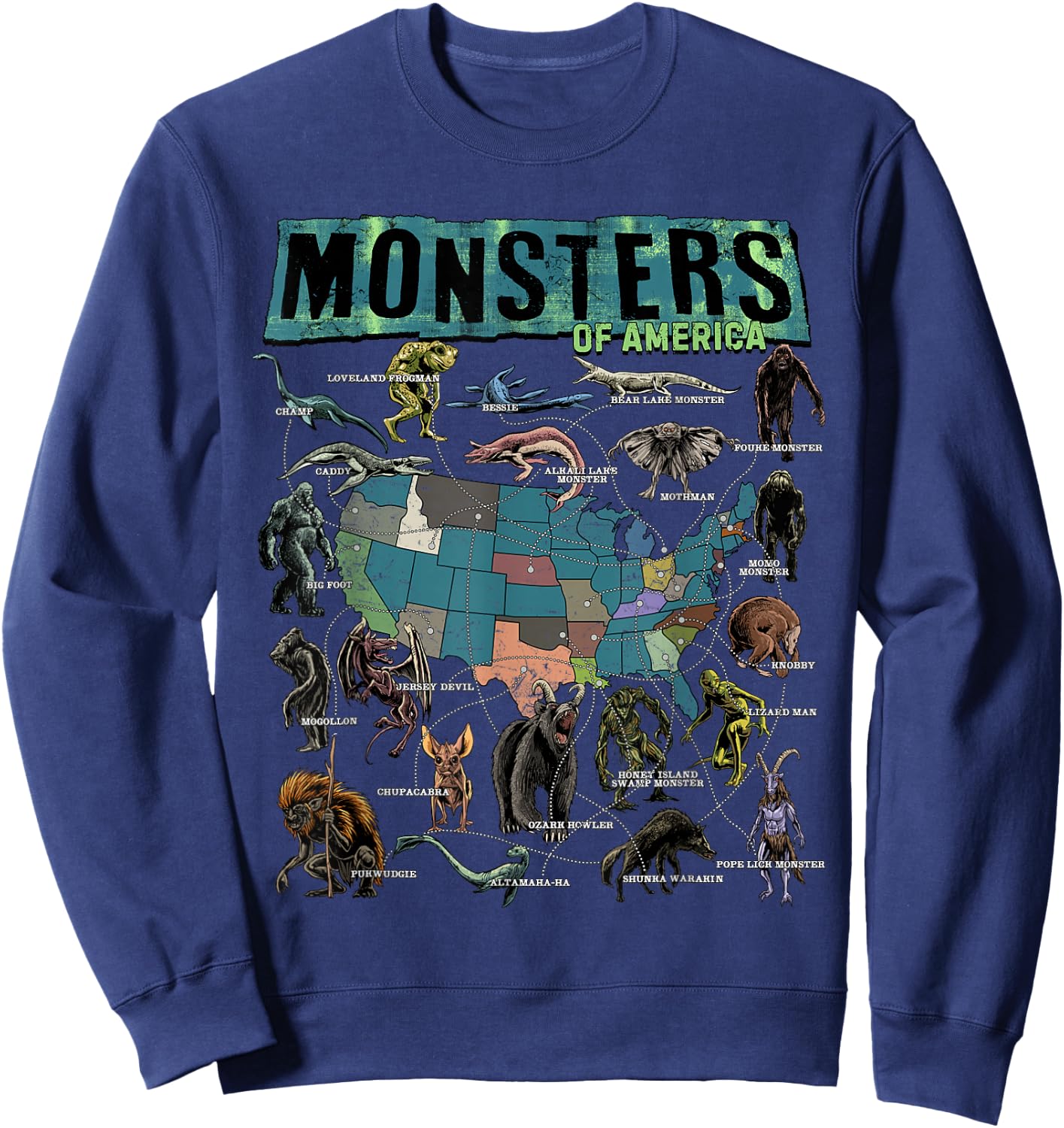 Cryptid Monsters of America Folklore Creature Cryptozoology Sweatshirt - Sweatshirt | Navy