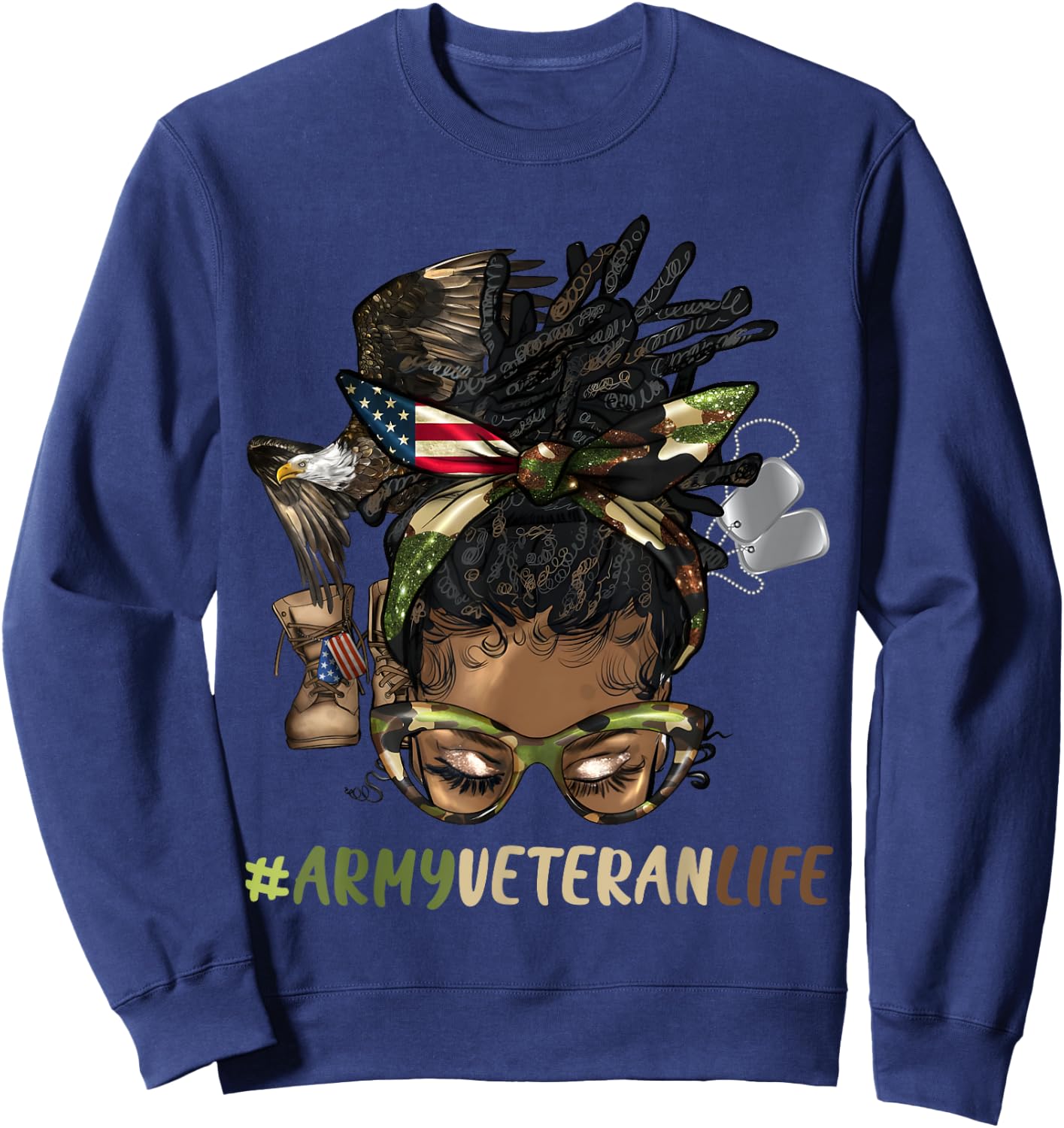 African Afro Messy Bun Loc Army Veteran Soldier Mother Wife Sweatshirt - Sweatshirt | Navy