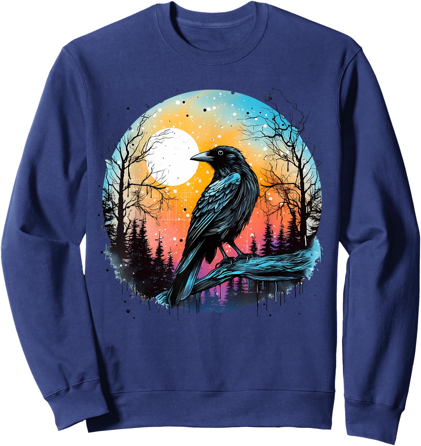 Vintage Raven Crow Forest Bird Graphic Art Design Print Sweatshirt - Sweatshirt | Navy