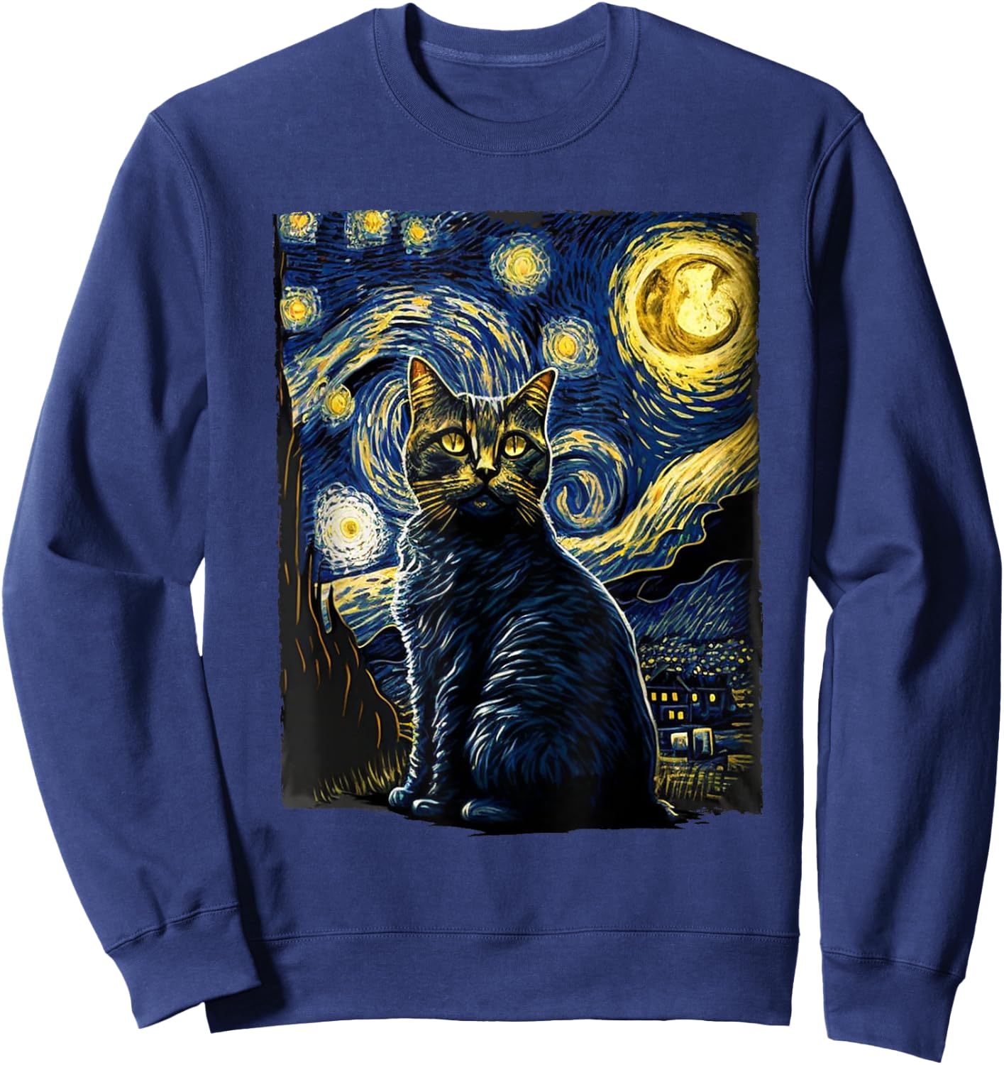 Starry Night Cat Van Gogh Cat Lover Gifts Cat Mom, Cat Dad Sweatshirt - Sweatshirt | Navy