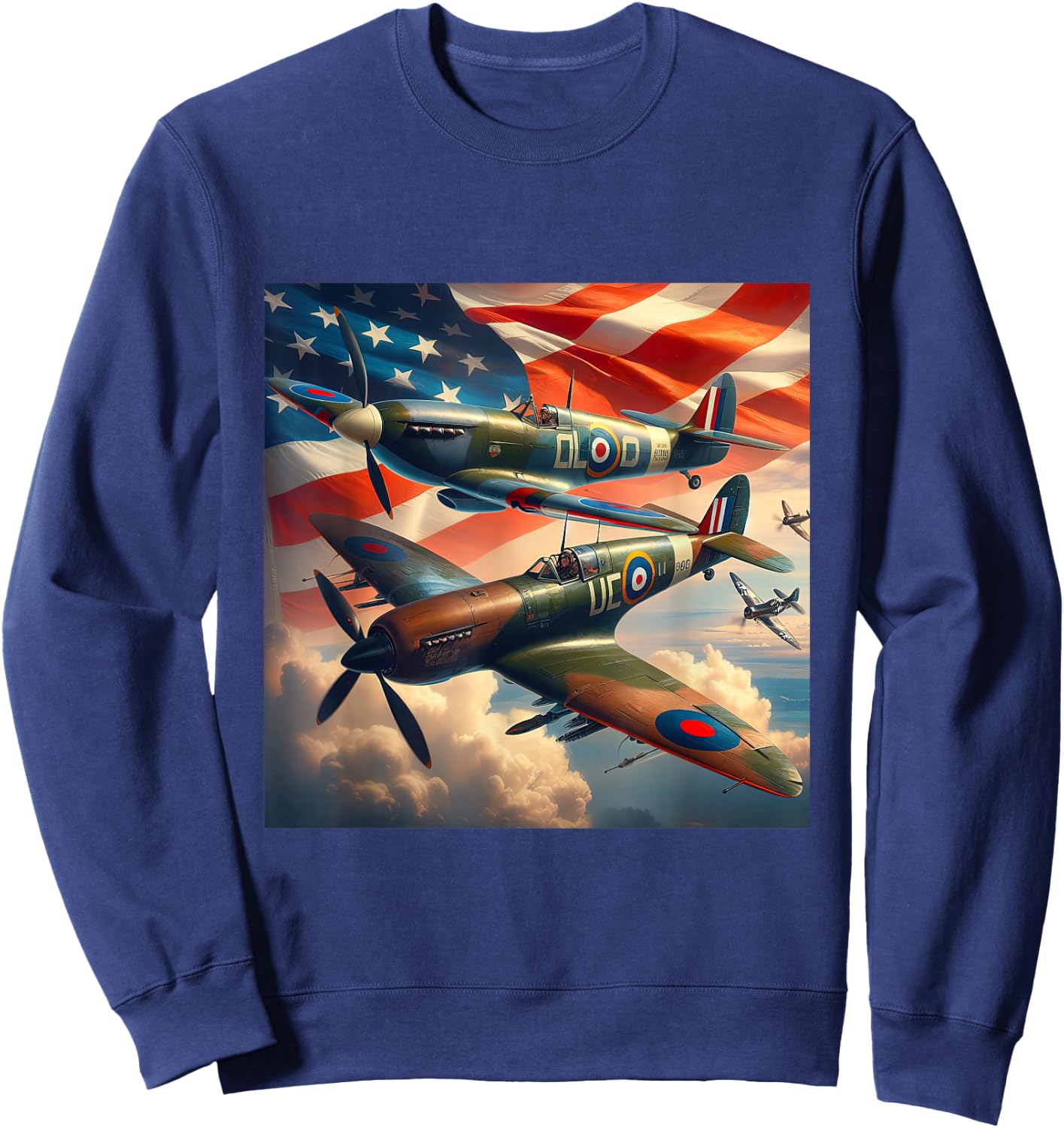 Spitfire F4U Corsair WW2 Airplanes US Flag Sweatshirt - Sweatshirt | Navy