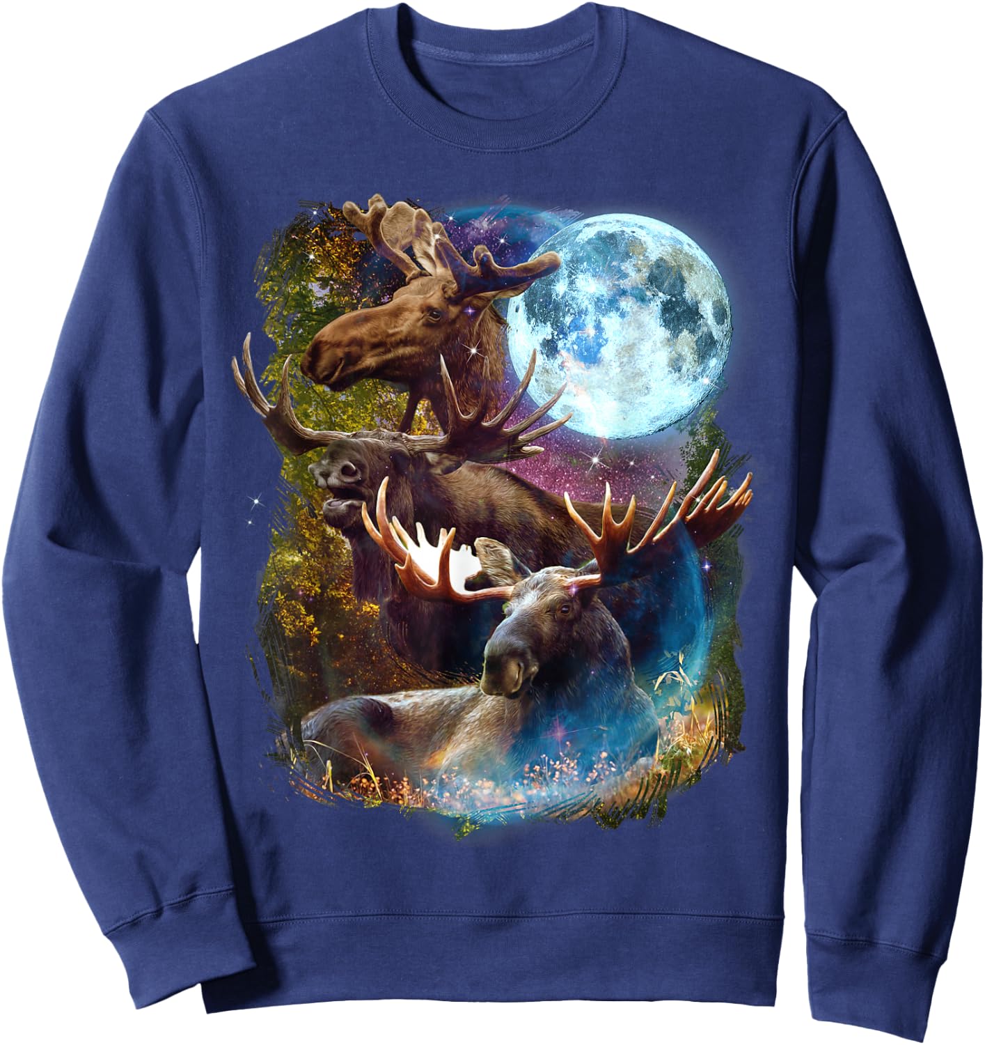 3 Moon Moose Funny Deer Elk Animal Lovers Graphic Novelty Sweatshirt - Sweatshirt | Navy
