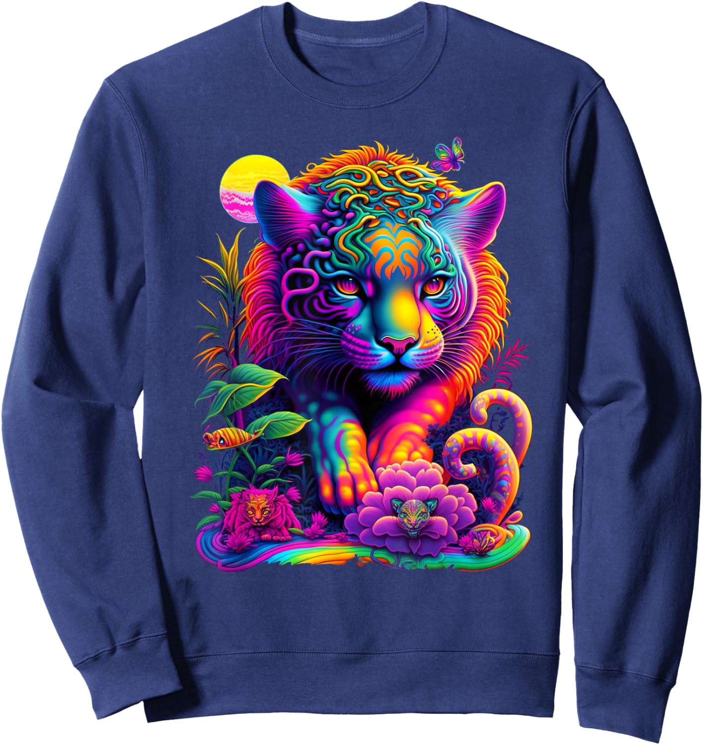 Colorful Rainbow Wild Cat Graphic Sweatshirt - Sweatshirt | Navy
