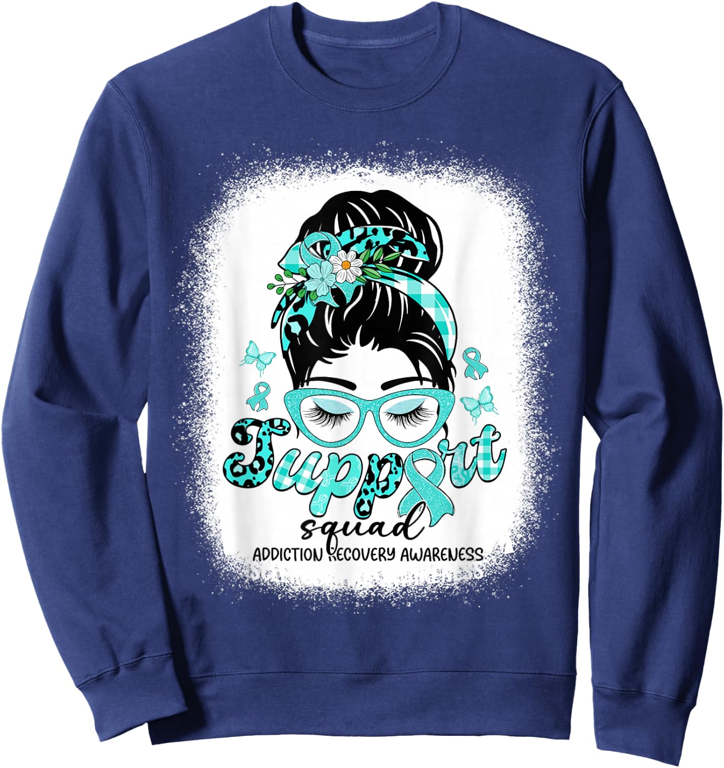 Support Squad Messy Bun Women Addiction Recovery Awareness Sweatshirt - Sweatshirt | Navy
