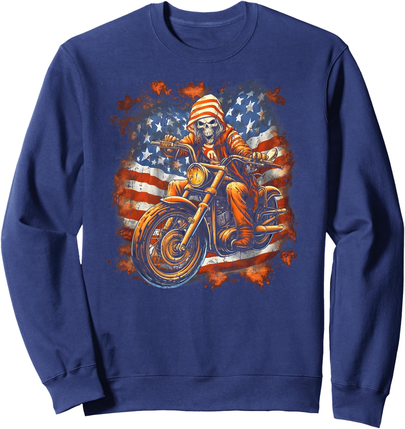 US Flag Motorcycle Skeleton Biker 4th July American Sweatshirt - Sweatshirt | Navy