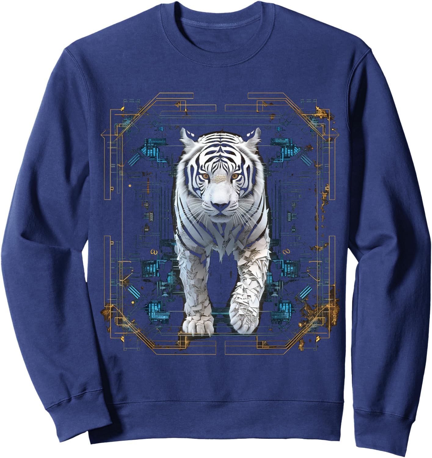 Tiger Geometric Artwork | White Animal Motif Tiger Sweatshirt - Sweatshirt | Navy