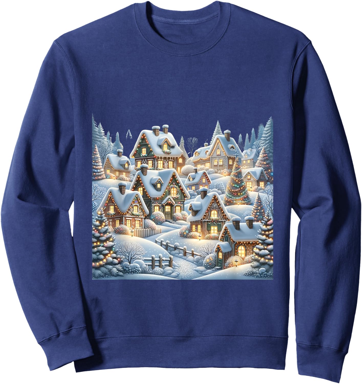 Winter Village Snow Covered Cottages Christmas Lights Scene Sweatshirt - Sweatshirt | Navy