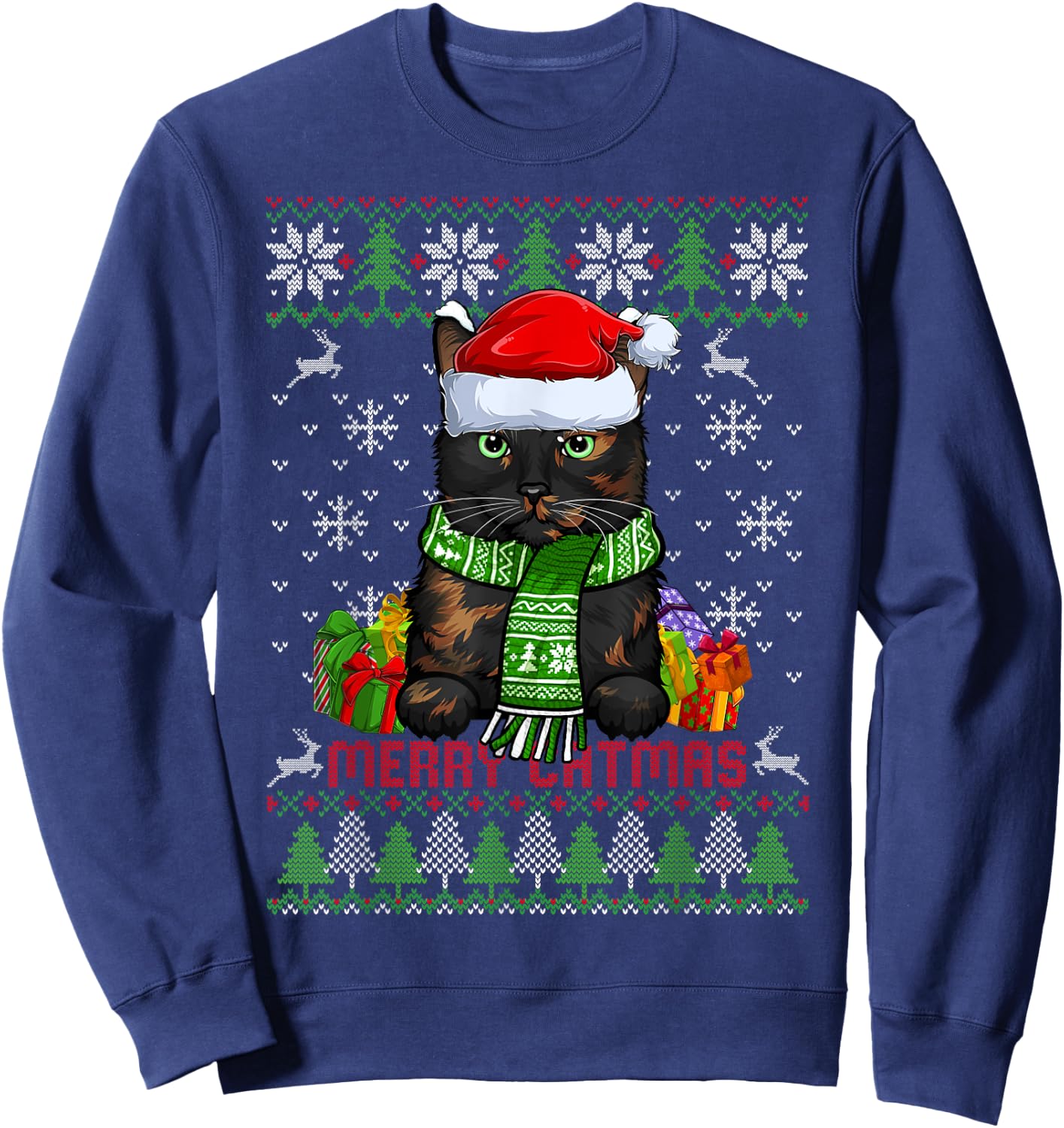 Funny Merry Catmas Tortoiseshell Cat Ugly Christmas Sweater Men Women Kids Sweatshirt - Sweatshirt | Navy