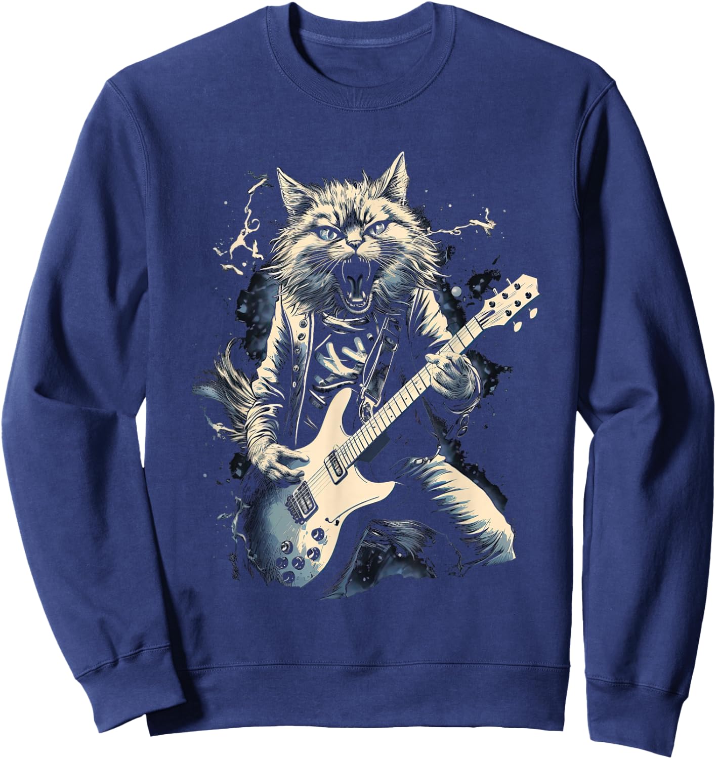 Cat Playing Bass Guitar Guitarist Rocker Cool Sweatshirt - Sweatshirt | Navy