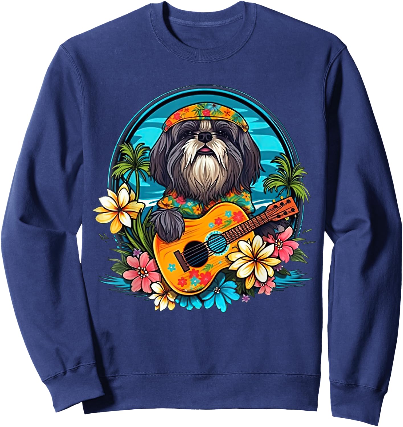 Floral Beach Vacation Shih Tzu Dog Women Kids Sweatshirt - Sweatshirt | Navy