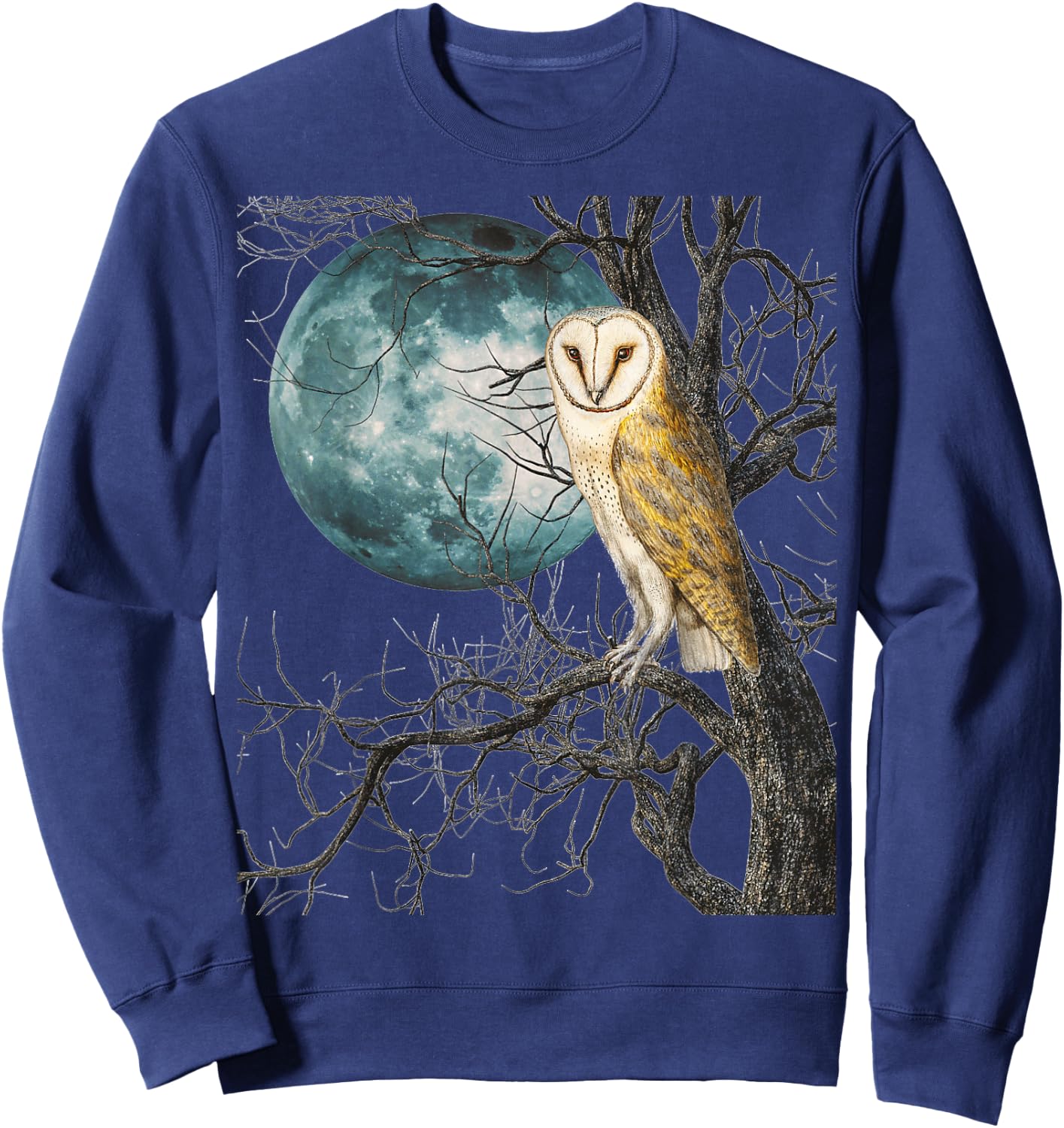 Owl Barn Night Moon Full Vintage Illustration Birder Graphic Sweatshirt - Sweatshirt | Navy