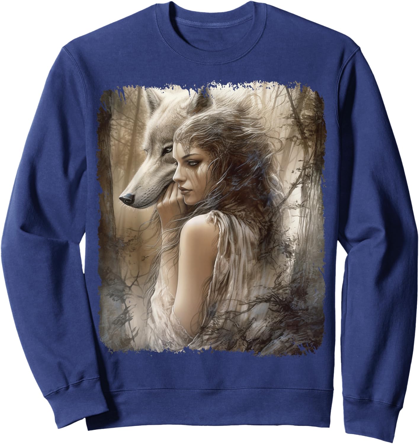 Woman and Grey Wolf in Forest Fantasy Sweatshirt - Sweatshirt | Navy