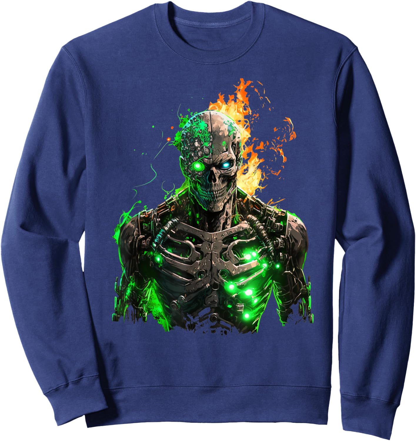 Flaming Skeleton Cyborg Graphic Sweatshirt - Sweatshirt | Navy