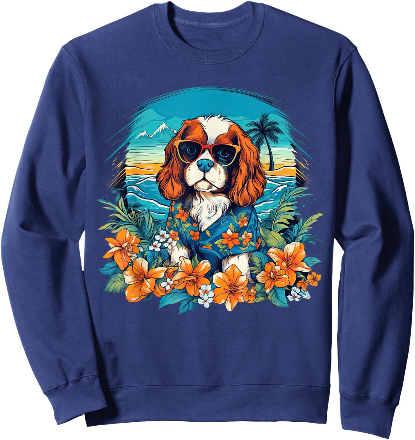 Floral Beach Vacation Cavalier King Charles Spaniel Dog Sweatshirt - Sweatshirt | Navy