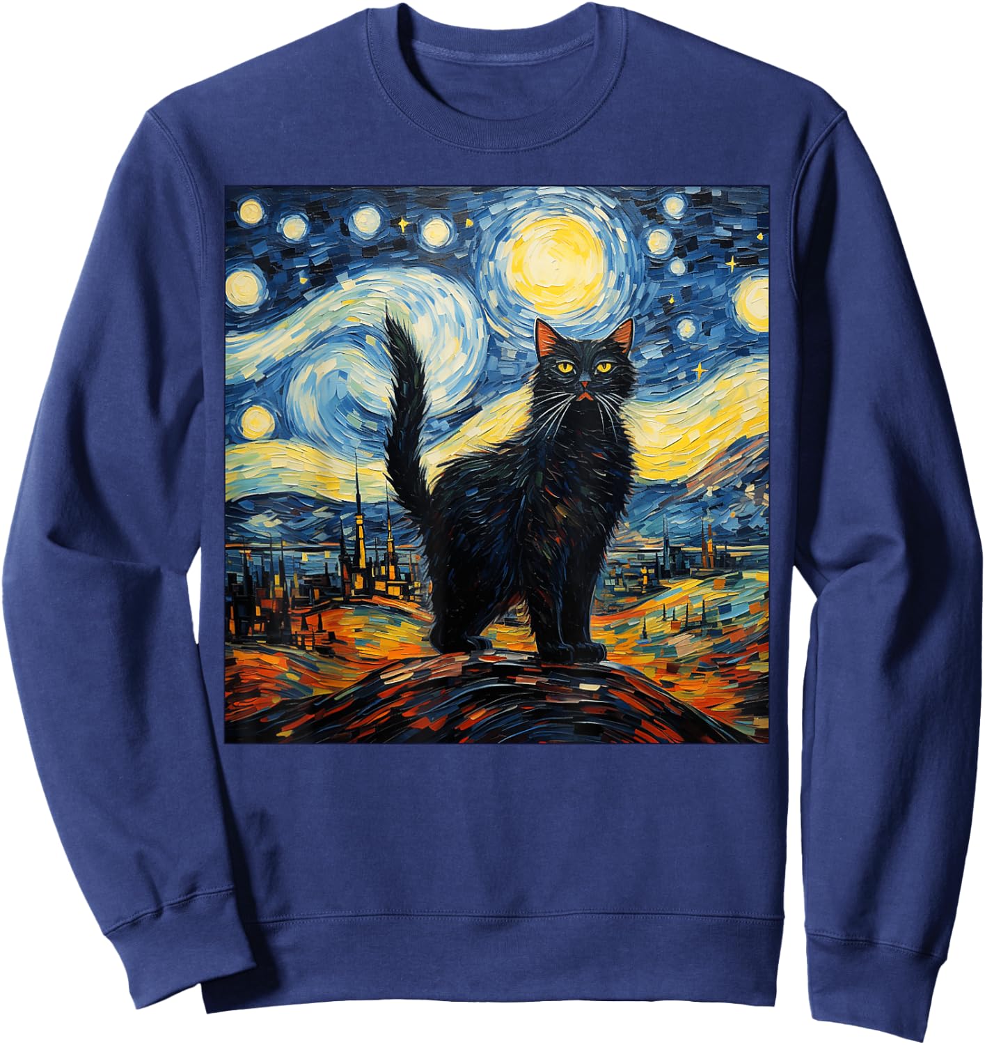 Van Gogh Starry Night Black Cat Gifts for Cats Lover Mom Dad Women Kids Sweatshirt - Sweatshirt | Navy