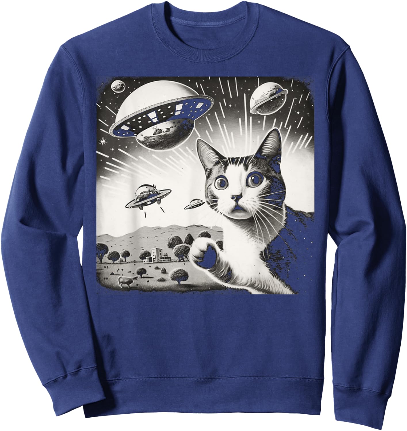 Cat Incident Involving UAPs Funny UFO Retro Aliens Men Women Kids Sweatshirt - Sweatshirt | Navy