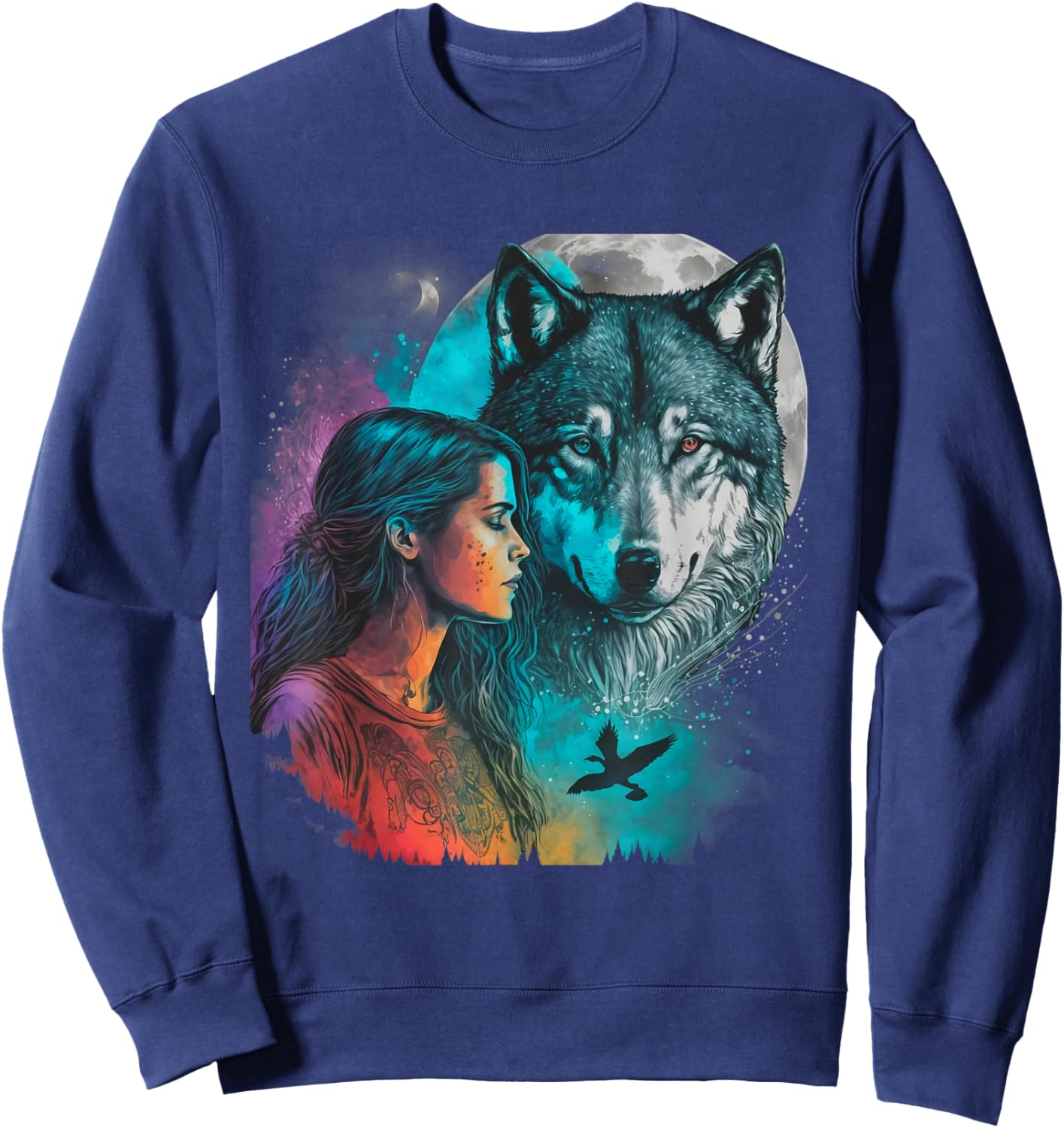 Ethnic Tribal Wolf Boho Feather Native American Hippie Women Sweatshirt - Sweatshirt | Navy
