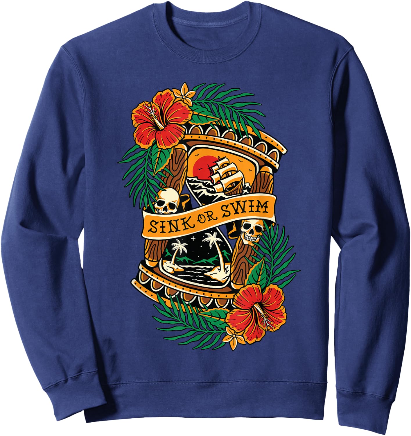 American Traditional Tattoo Old School Flash Skull Hourglass Sweatshirt - Sweatshirt | Navy
