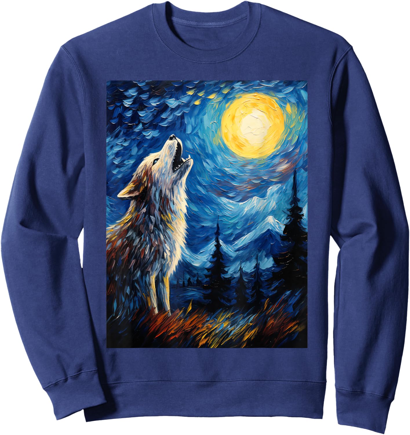 Wolf Starry Night Van Gogh Style Moon Sweatshirt - Sweatshirt | Navy