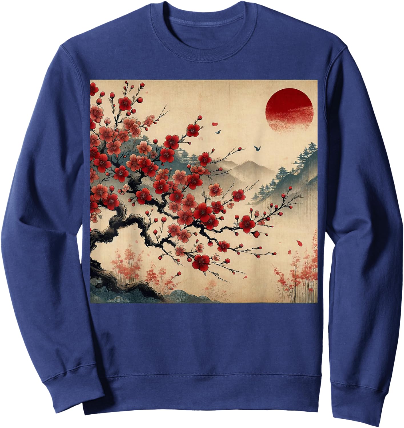 Vintage Cherry Blossom Woodblock Japanese Graphical Art Sweatshirt - Sweatshirt | Navy