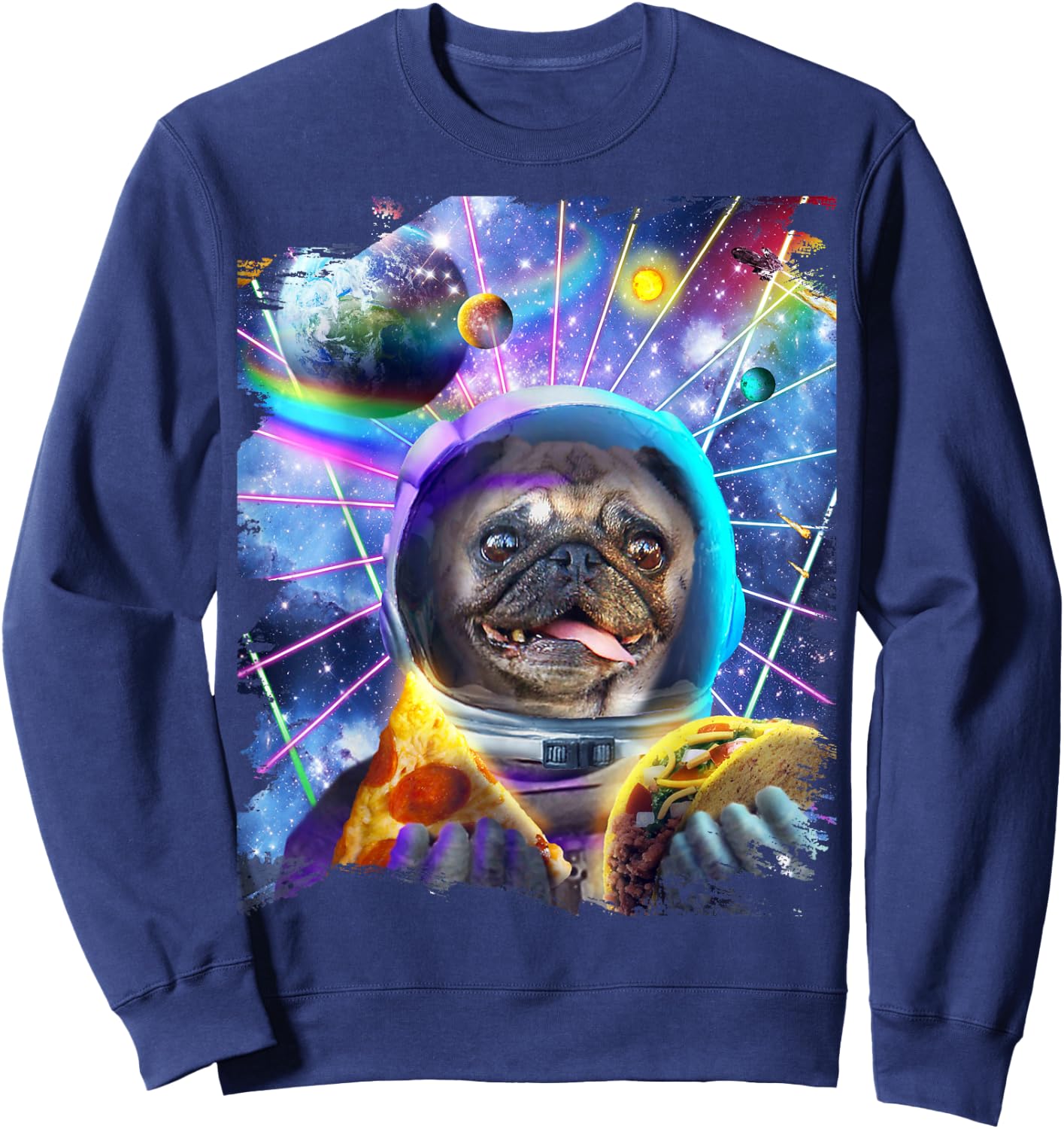 Dog Pug Astronaut In Space Eating Pizza Taco Sweatshirt - Sweatshirt | Navy