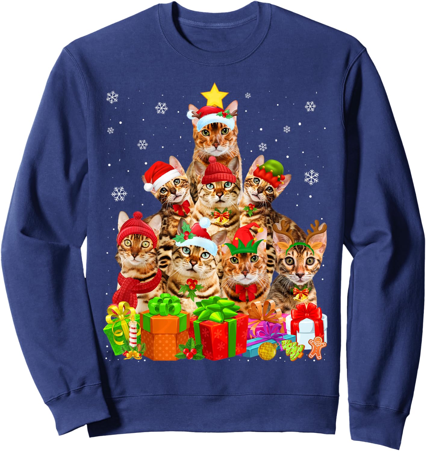 Ugly Christmas Sweater Cat Tree Funny Bengal Cat Xmas Sweatshirt - Sweatshirt | Navy