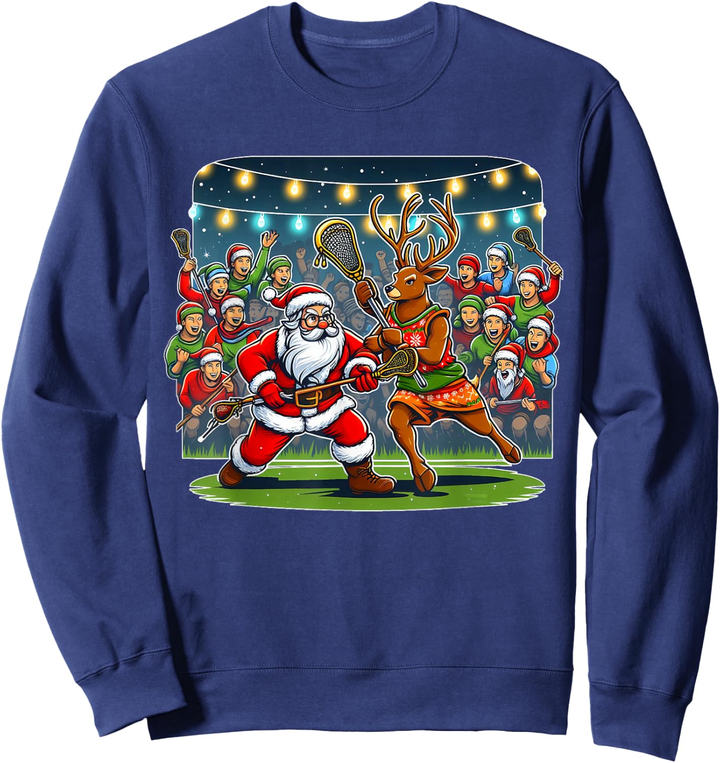 Lacrosse Player Christmas Santa Reindeer Playing Lax Graphic Sweatshirt - Sweatshirt | Navy