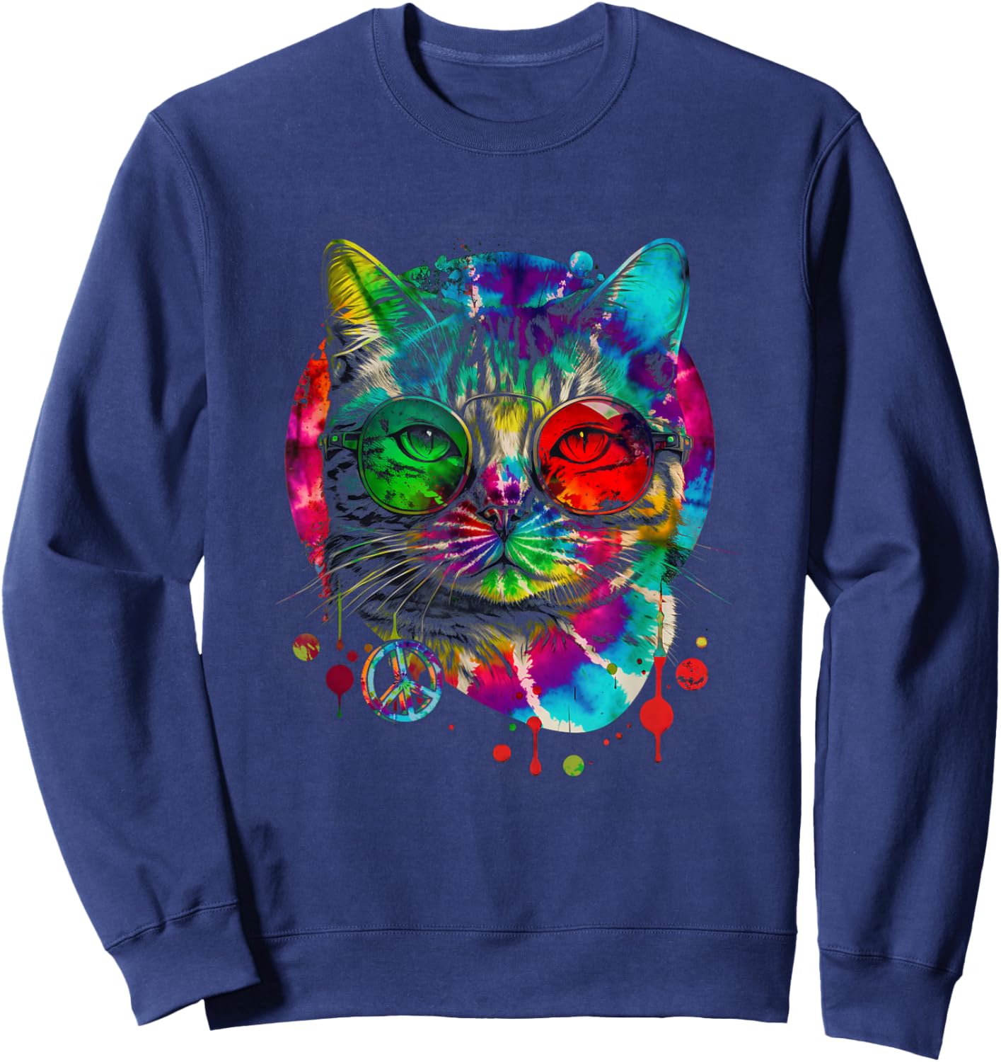 Hippie Cat Tie Dye Peace Sign 60s Psychedelic-Pet Cat Lovers Sweatshirt - Sweatshirt | Navy