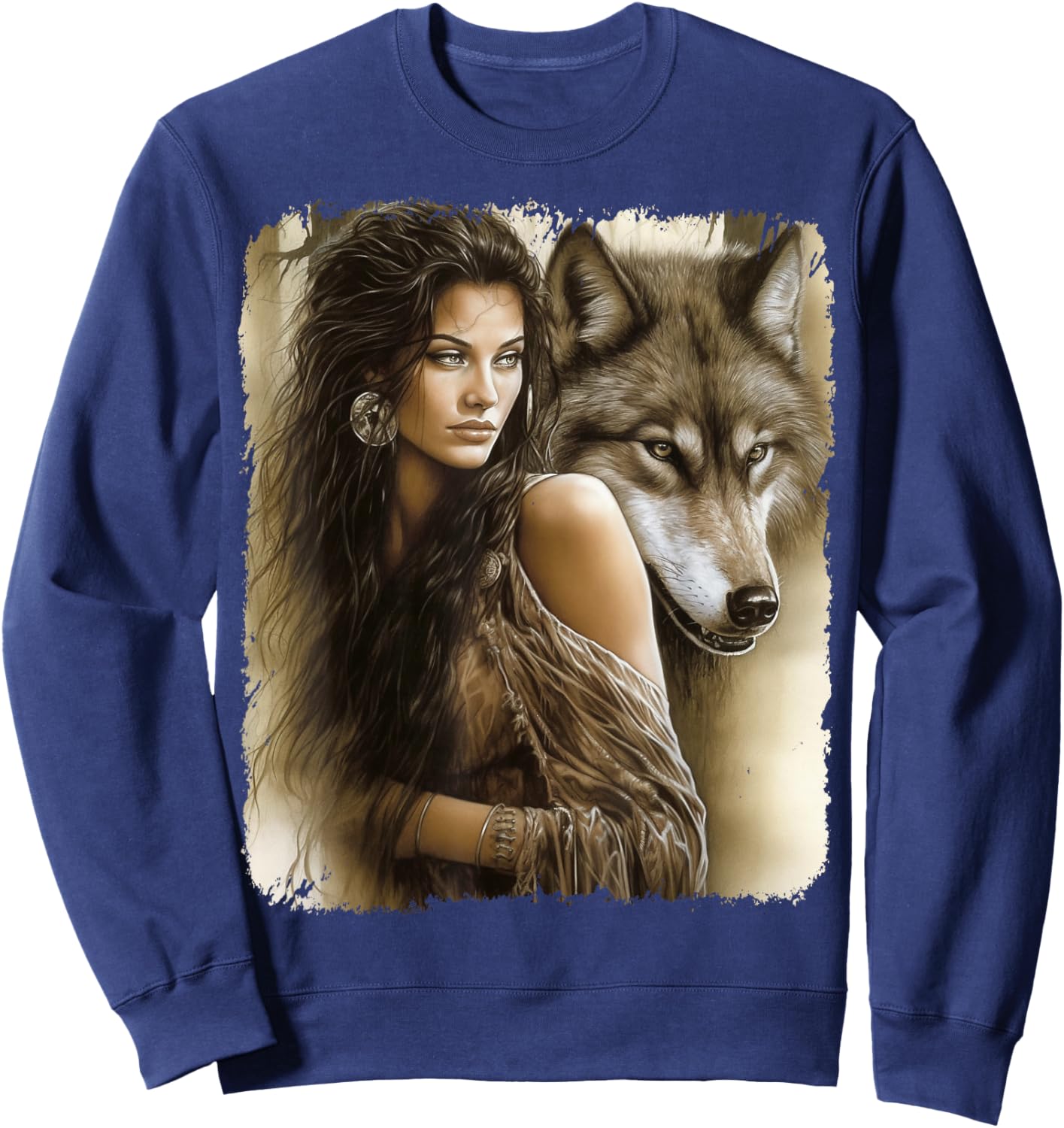 Woman and Grey Wolf Fantasy Sweatshirt - Sweatshirt | Navy