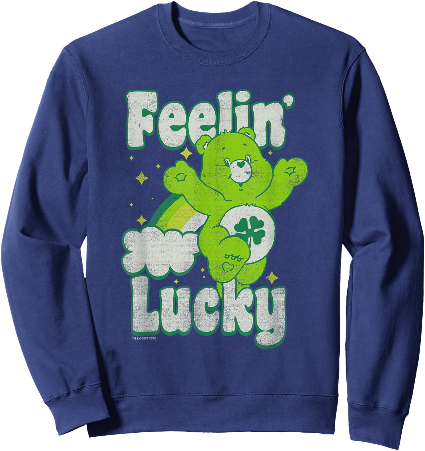 Care Bears Good Luck Bear Jumping Feelin Lucky Distressed Sweatshirt - Sweatshirt | Navy