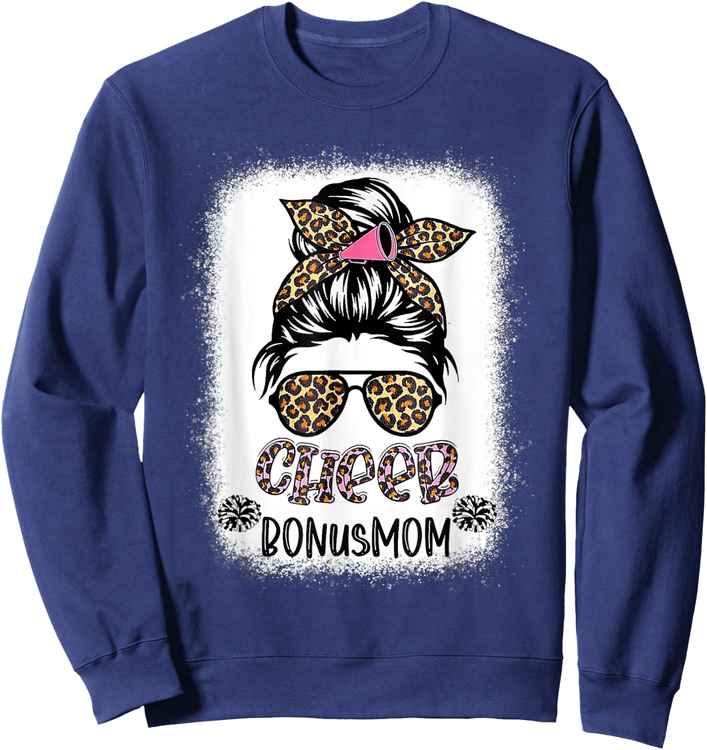 Cheer Bonus Mom Leopard Messy Bun Cheerleader Bleached Sweatshirt - Sweatshirt | Navy