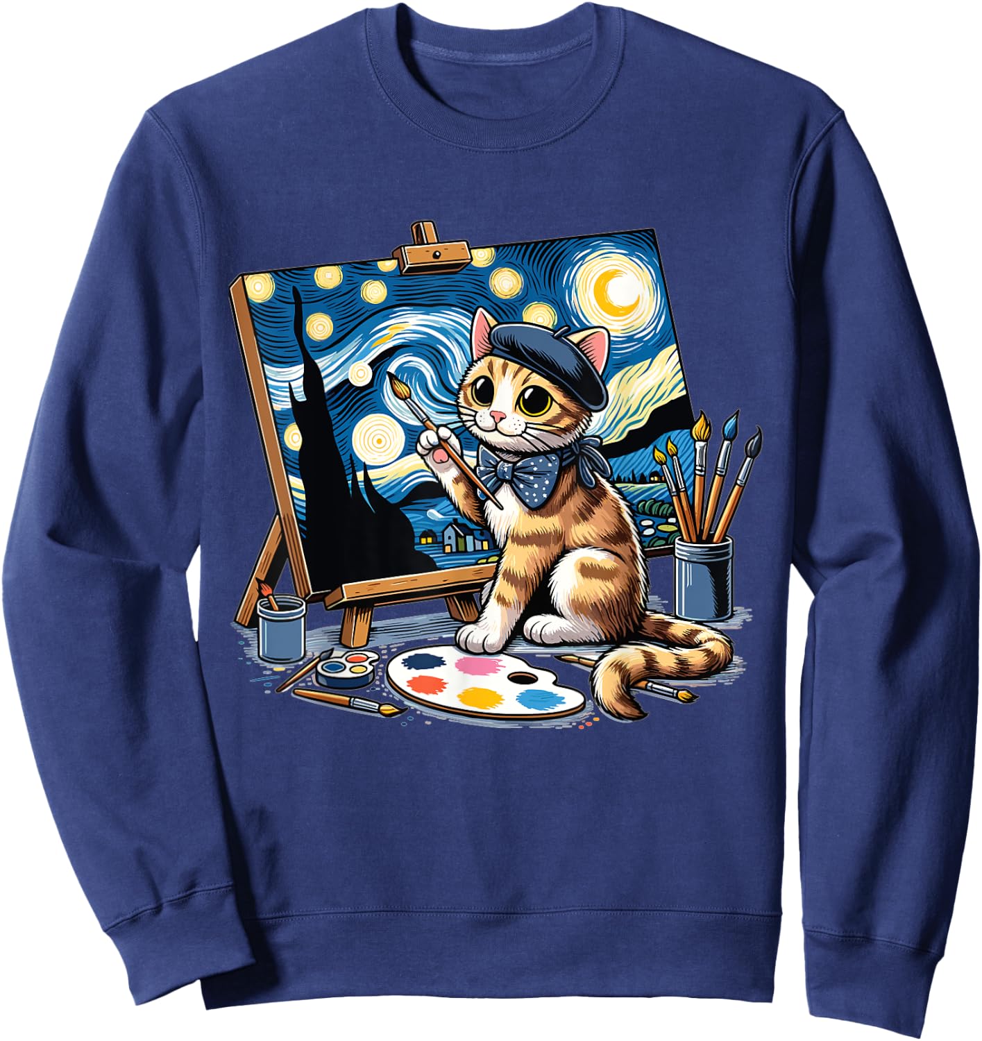 Funny Cute Cat Drawing Starry Night Painting Art For Artist Sweatshirt - Sweatshirt | Navy
