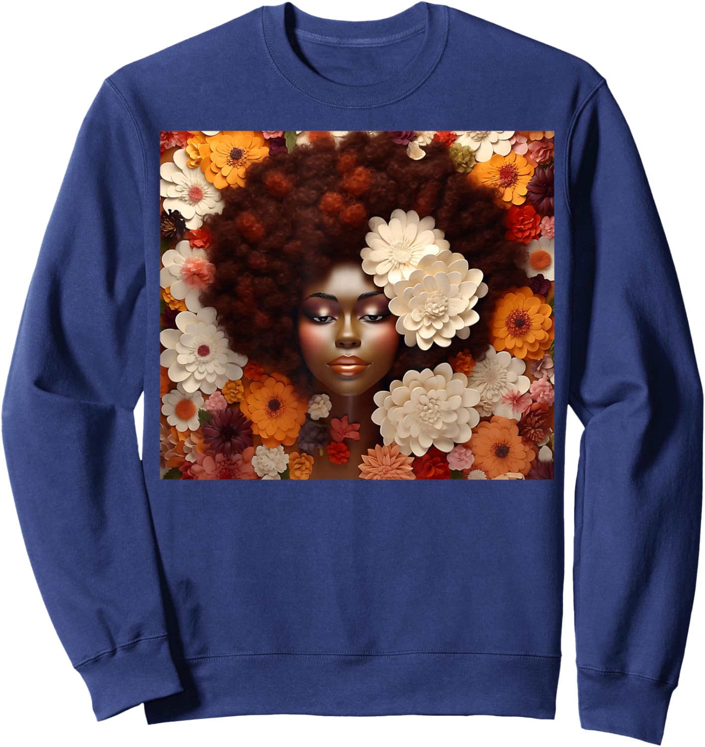 Afro Woman Floral Black Queen Puff Art Melanin Orange White Sweatshirt - Sweatshirt | Navy