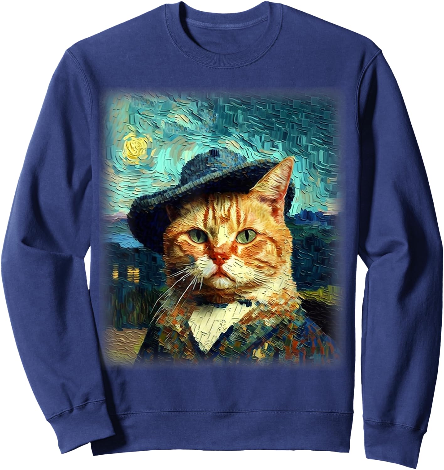 Starry Night Cat, Van Gogh Cat, Cat Mom, Cat Dad, Cat Lover Sweatshirt - Sweatshirt | Navy