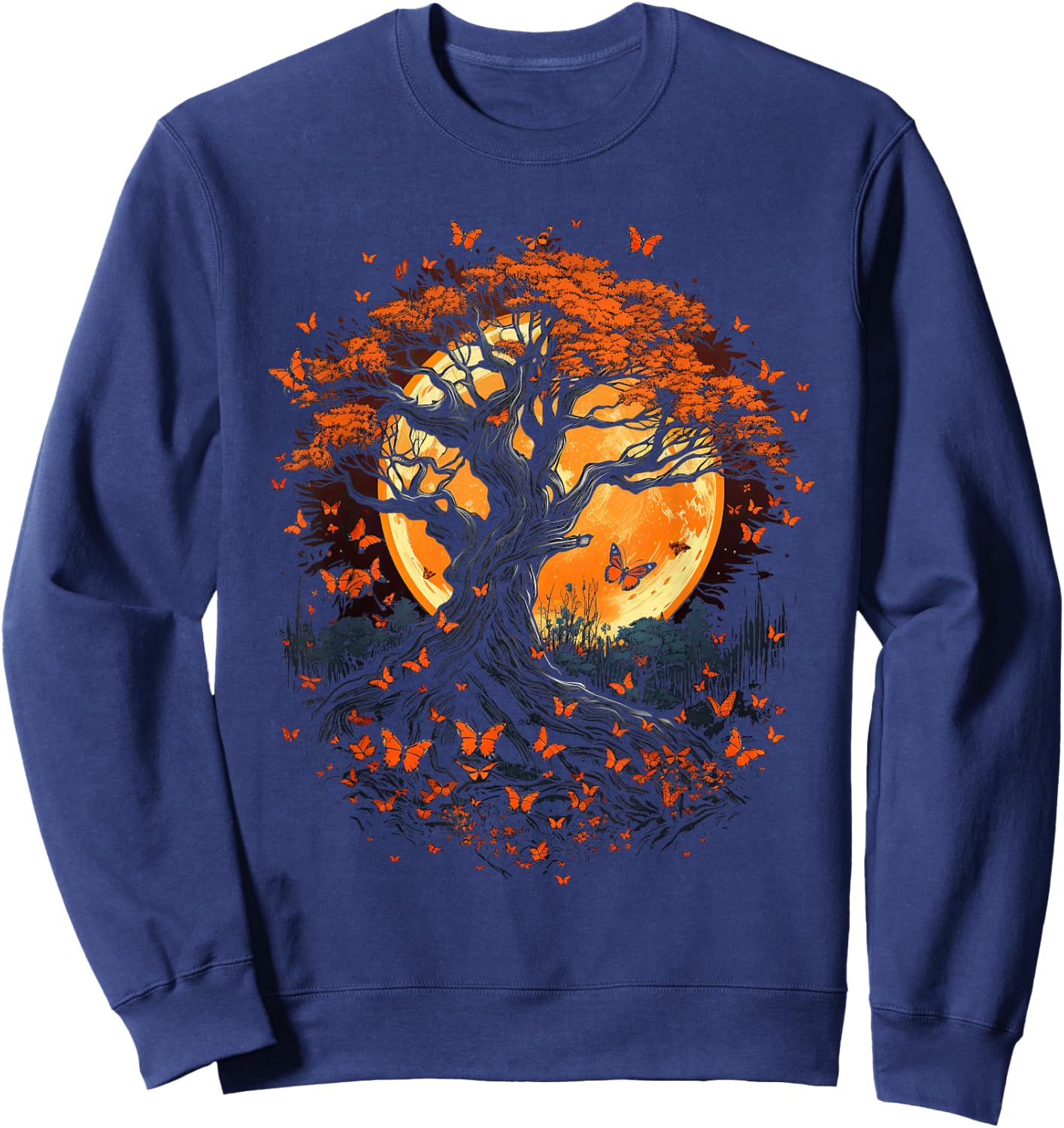 Fall Autumn falling leaves with Tree and Butterfly Sweatshirt - Sweatshirt | Navy