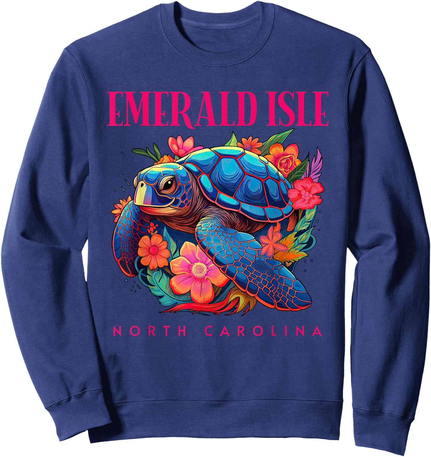 Emerald Isle North Carolina Floral Beach Turtle Souvenir Sweatshirt - Sweatshirt | Navy
