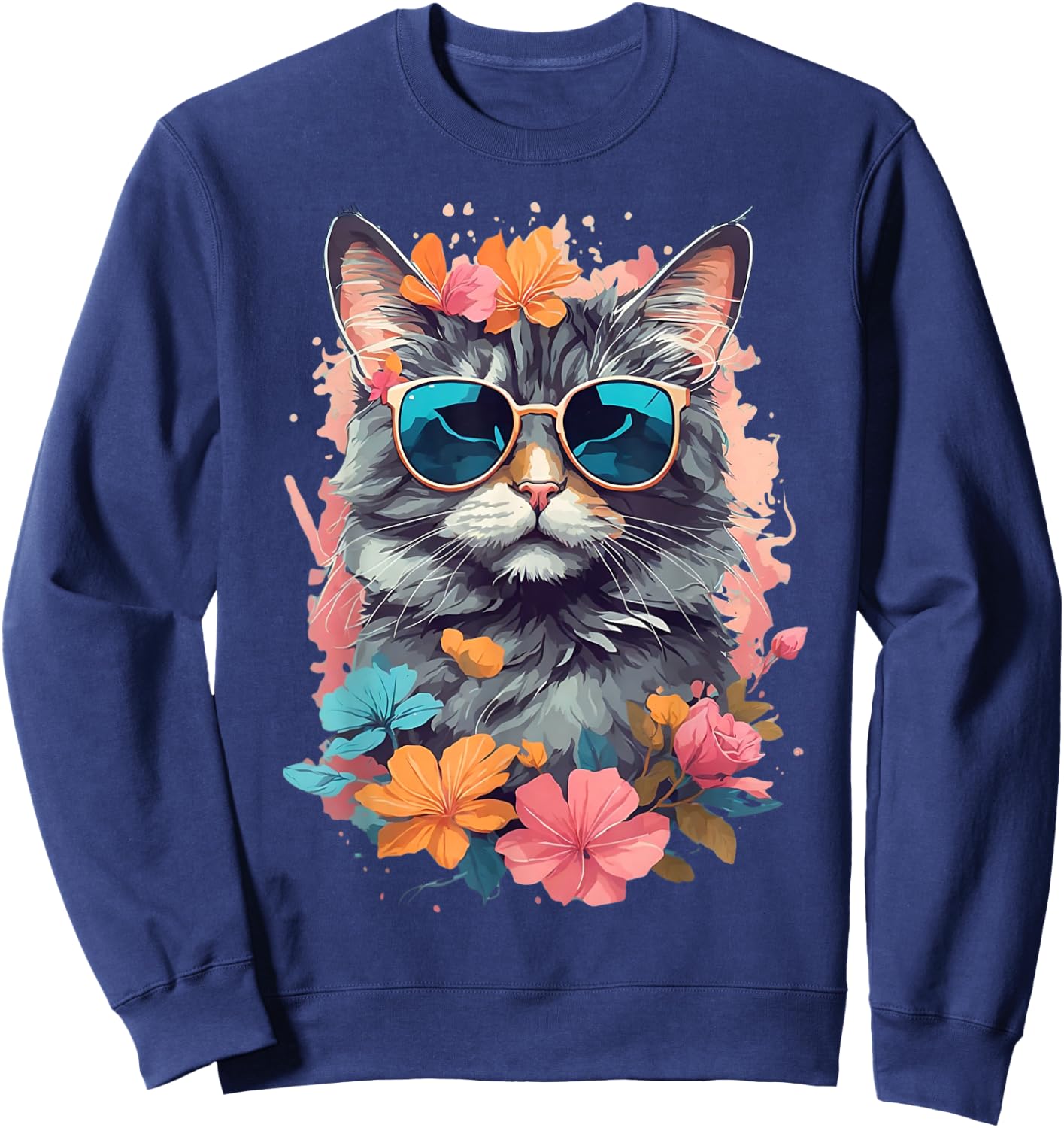 Sunglasses Tabby Cat Shirt for Girls Floral Flowers Graphic Sweatshirt - Sweatshirt | Navy