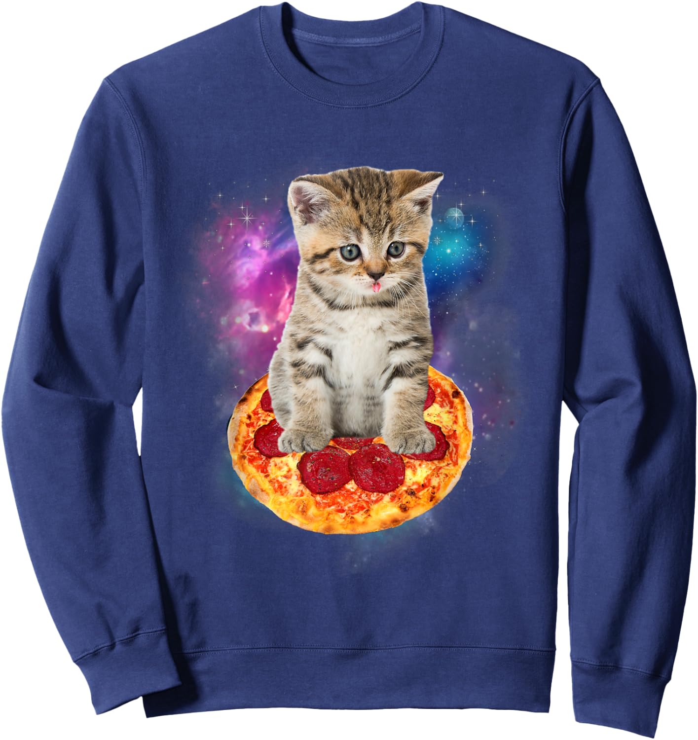 Funny Galaxy Cat in Space - Cat riding Pizza and Taco Lover Women Kids Sweatshirt - Sweatshirt | Navy