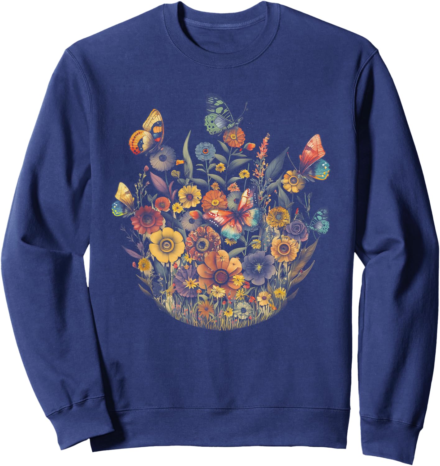 Vintage Pressed Flowers Butterflies Floral Boho Wildflowers Sweatshirt - Sweatshirt | Navy
