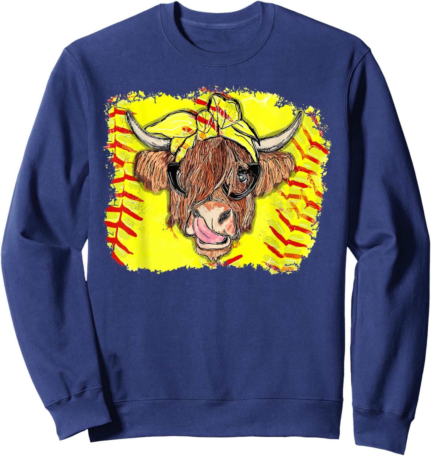 Softball Highland Cow With Bandana Glasses Happy Mother's Sweatshirt - Sweatshirt | Navy