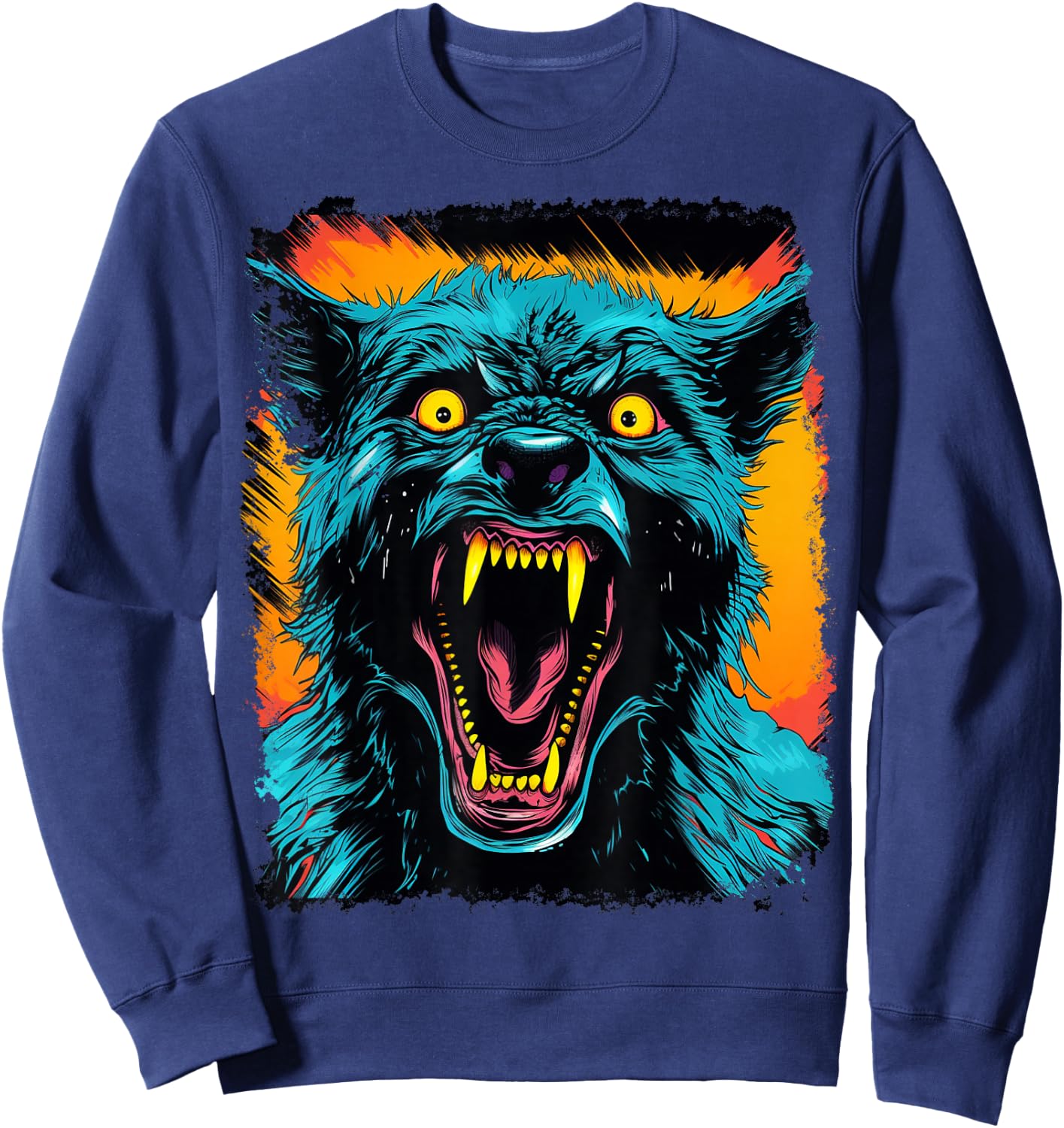 FrightNightFits Werewolf Halloween Graphic - Black, -Adults & Kids, Short Sleeve, Small Sweatshirt - Sweatshirt | Navy