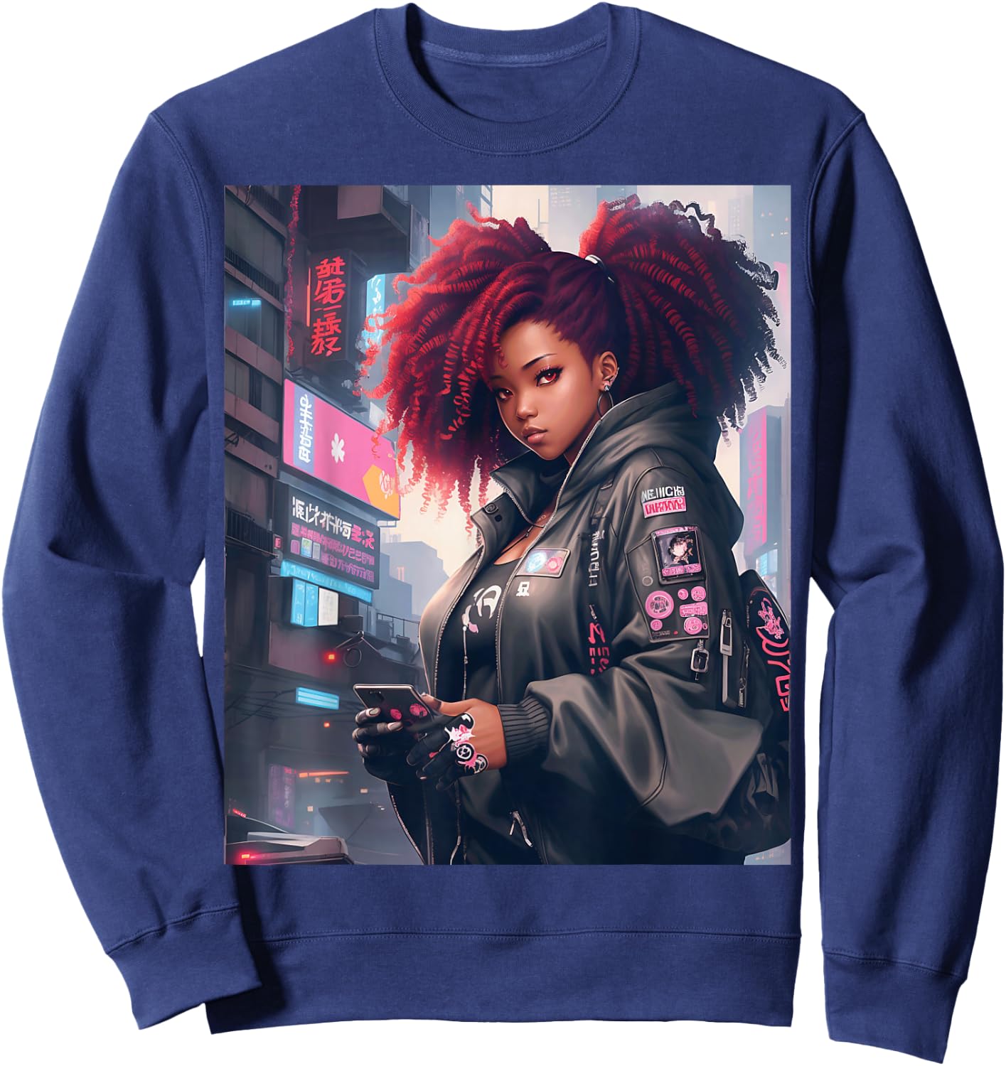 Black Anime Girl Kawaii Waifu Aesthetic Sweatshirt - Sweatshirt | Navy