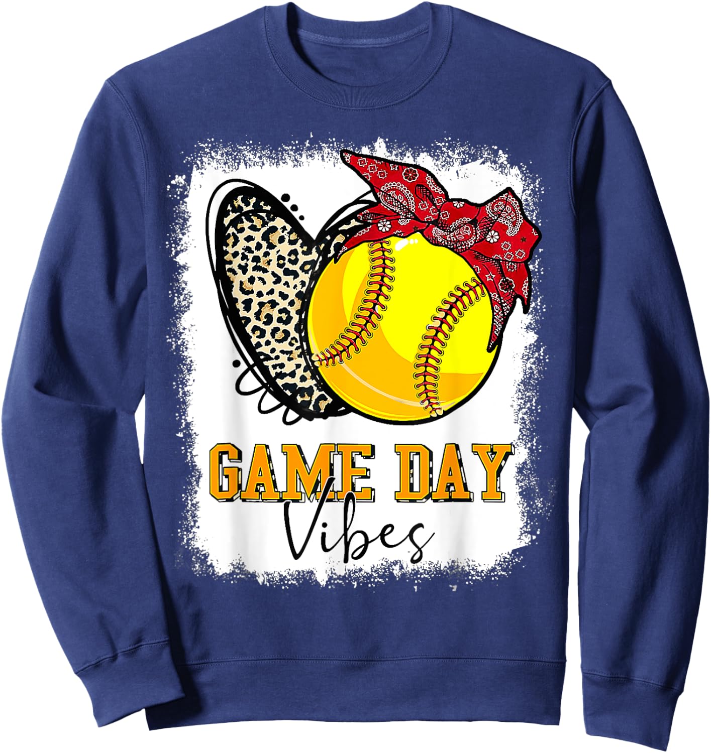 Softball Game Day Vibes Leopard Heart Headband Mom Bleached Sweatshirt - Sweatshirt | Navy