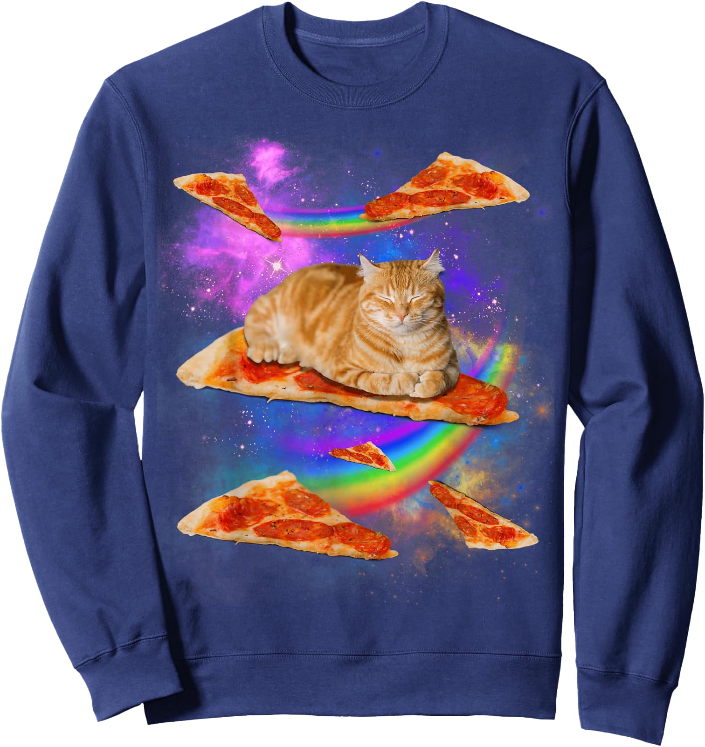 Funny Galaxy Cat in Space, Cat Riding Pizza Sweatshirt - Sweatshirt | Navy