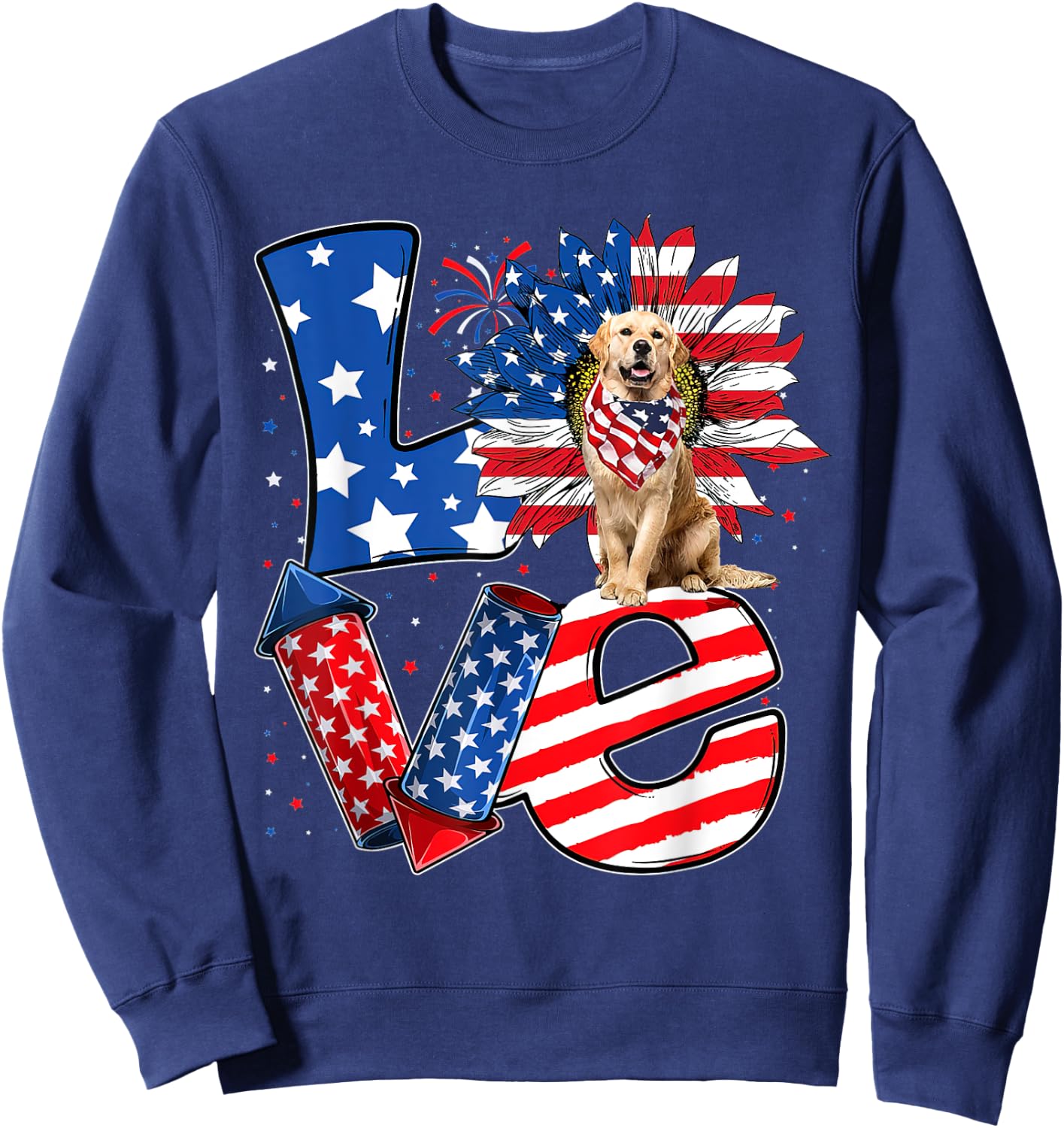 4th of July Decor Patriotic LOVE Golden Retriever Dog USA Sweatshirt - Sweatshirt | Navy
