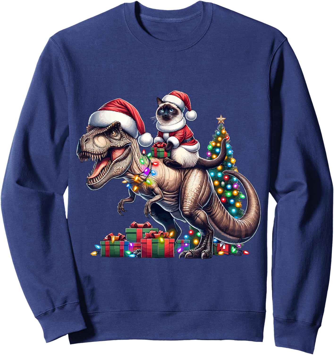 Siamese Cat Rides Festive T-Rex Santa For siamese cat Owners Sweatshirt - Sweatshirt | Navy