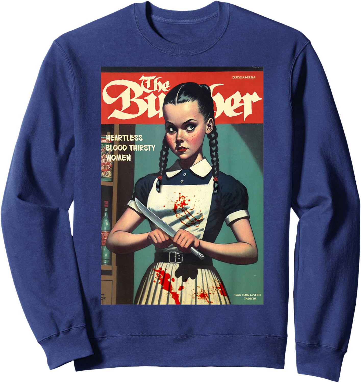 Last Gasp Graphics Sinister Girl Holding Knife 1960s Horror Comic Book Cover Sweatshirt - Sweatshirt | Navy