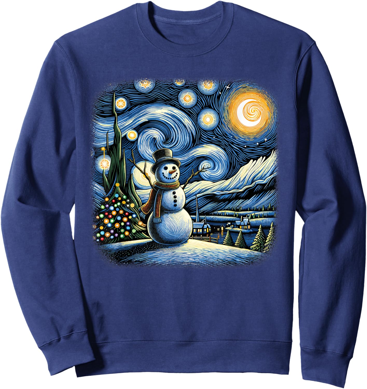 Van Gogh Starry Night Christmas Snowman Winter Snowy Night Sweatshirt - Sweatshirt | Navy