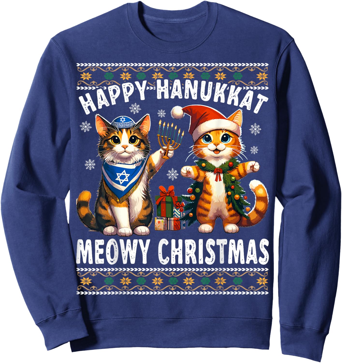 Cat Merry Christmas Happy Hanukkah Jewish Christian Sweatshirt - Sweatshirt | Navy