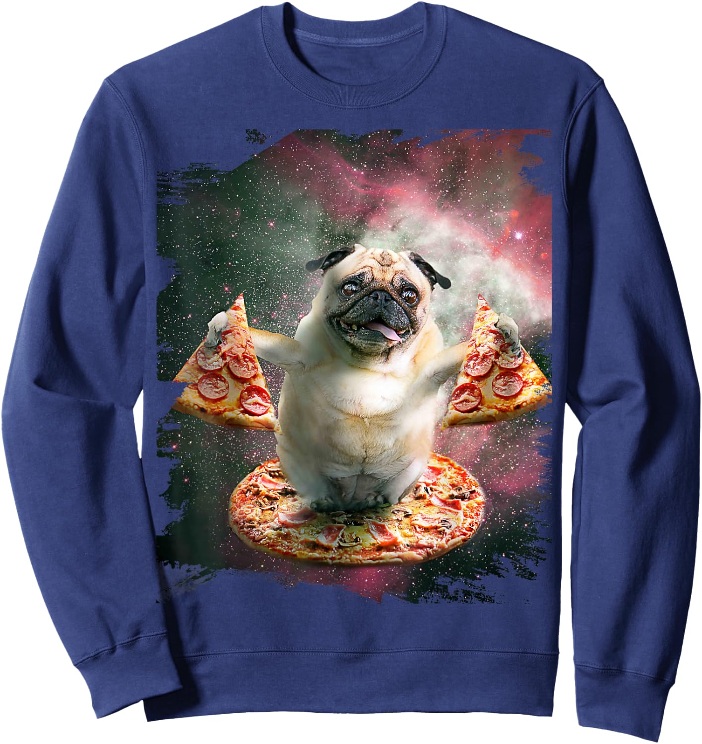 Random Galaxy Funny Pug Dog with Pizza Sweatshirt - Sweatshirt | Navy
